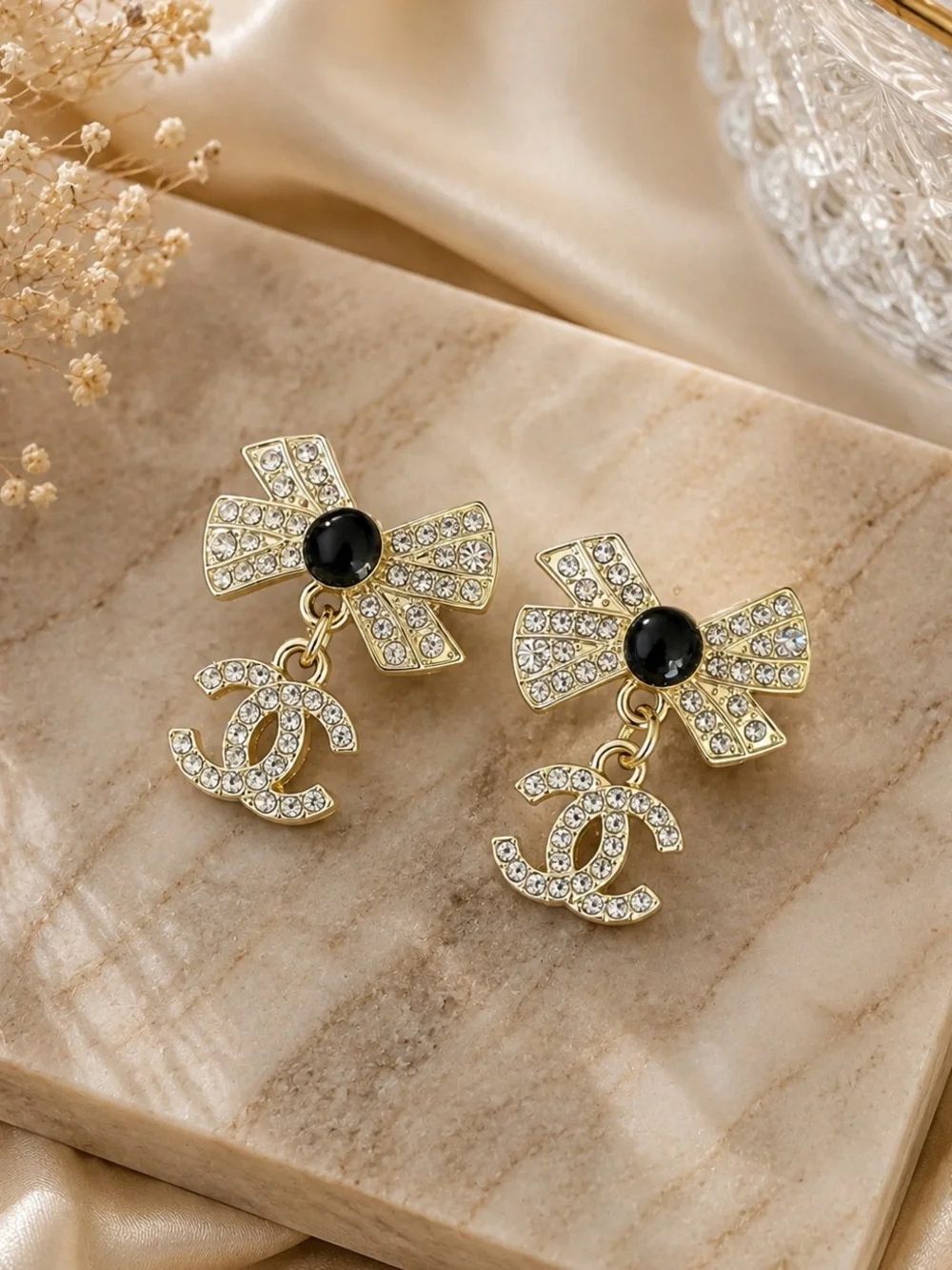 Gold Crystal Bow Drop Earrings